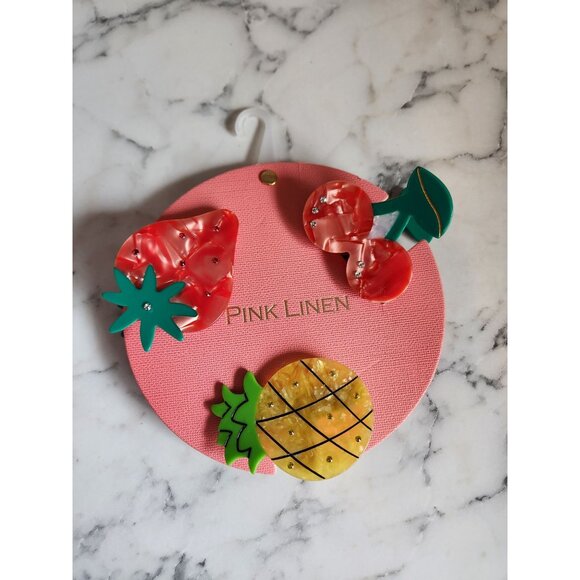 Pink Linen Fruit-Themed Hair Clips With Cherry Strawberry & Pineapple Designs - Picture 1 of 3